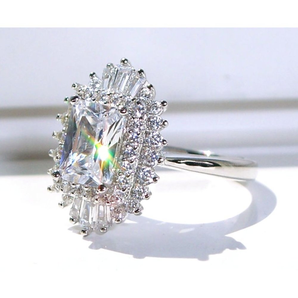 Antique Style Ring Radiant Cut CZ With Tapered Baguettes 925 Sterling Silver - Picture 2 of 16